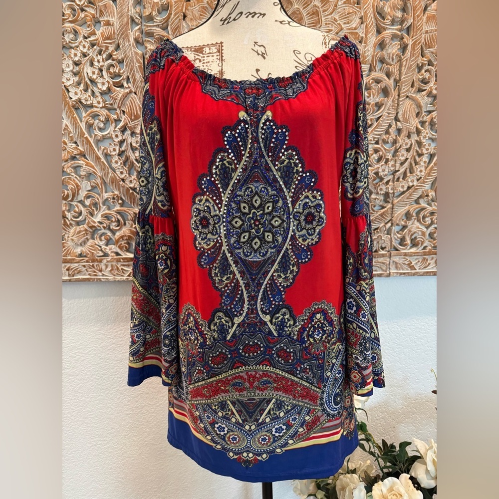 Urban Mangoz Red & Blue Medallion Relaxed Fit Cool Wrinkle Free Mini Dress- M